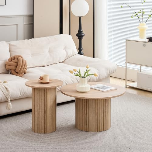 HJhomeheart - Juego de 2 Mesas de Centro Redondas de Madera, Mesa Auxiliar Moderna con Base de Columna Romana para Sala de Estar, Balcón y Dormitorio （Veta de Madera Natural）