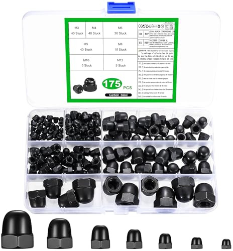 175 PcsCache-écrous M3 M4 M5 M6 M8 M10 M12, Cache Ecrou à Tête Bombée, Cache Vis écrous Borgnes Hexagonaux en Acier Carbone pour Motos Vélos, Noirs