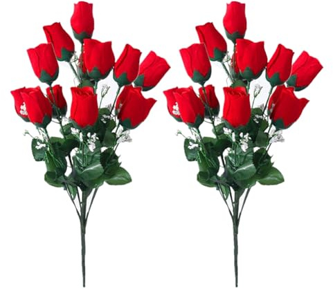 FACAIIO Fiori artificiali per cimitero, 2 mazzi di rose rosse, 12 rose in seta ciascuna per decorazione commemorativa esterna, omaggi per cimiteri, resistenti alle intemperie