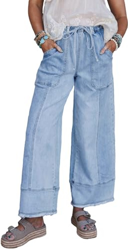 SHEWIN Jeans for Women Casual Wide Leg High Waisted Drawstring Pants for Women Trendy 2025 Beau Blue Size 16