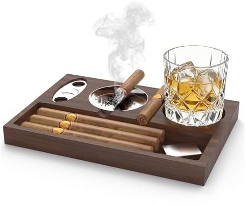 auvstar Cendrier Cigare Pour Homme en Bois Avec Pince À Cigares et Porte-Tasse Pour Ranger Les Cigares Accessoires Coupe-Cigare Plateau Verre Whisky Cadeau - Marron