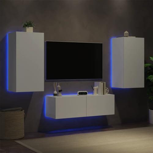 Mandloder Lot de 3 meubles TV muraux avec éclairage LED en bois blanc, 100-80 cm de large, ensemble de meuble suspendu pour salon, solution de rangement
