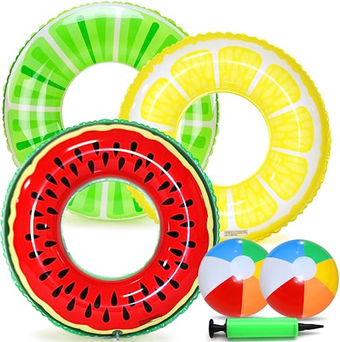 Chennyfun 6 Stück Aufblasbare Schwimmringe | Kinder Erwachsene mit Sommer Obst,Zitrone,Wassermelone und Kiwi,Kinder Luftmatratze Schwimmhilfe Wasserspielzeug,Pool Strand