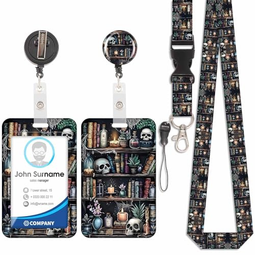 Ausweishalter mit Umhängeband und Kartenhalter, Ausweishalter mit rückziehbaren Badge-Rollen, abnehmbares Lanyard, Drehverschluss mit Karabiner, für Ausweise (Schädel-1)