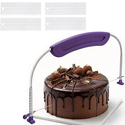 KEUGT Affettatrice professionale per torte, regolabile, in filo di acciaio inox, con 4 bordi in plastica, strumento fai da te per pasticceria, stampo da cucina per compleanni