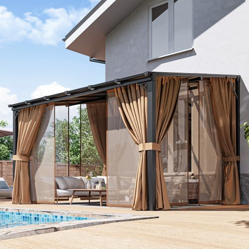 Aoxun 10'x12' Lean to Gazebo with Mosquito Net and Curtains, Aluminum Frame, Polycarbonate Panel, Wall Mounted Pergola with Sloped Roof for Backyard, Porch, Deck
