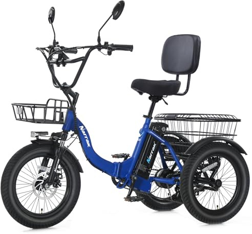 NARRAK Electric Tricycle for Adults,Fat Tire Folding Electric Trike,3 Wheels Electric Bicycle Bikes, Peak 700W/1100W Step-Thru Etrike with Removable Battery and Large Basket (Blue, Premium Model)