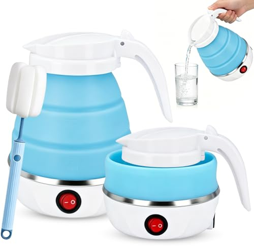 Bollitore pieghevole da 600 ml, bollitore da viaggio, in silicone, portatile, con 1 spazzola pieghevole, mini bollitore elettrico in silicone per campeggio, cucina, viaggi, campeggio, attività