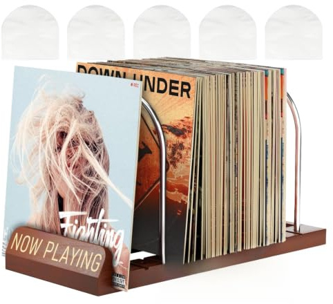 JITPOU Soporte para discos de vinilo, escalable, retro, para 30 – 70 LPs, soporte de vinilo de madera maciza de metal, soporte para discos de vinilo, CD, álbumes, incluye 5 fundas protectoras