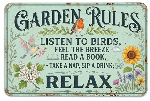 Garden Plaques for Outside, Retro Garden Rules Signs & Plaques with Relaxing Quotes, Outdoor Tin Sign Wall Art for Patio Fence Shed, Gardening Decorations Gift for Plant Lovers