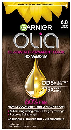 Garnier Olia Hair Color, Ammonia-Free Permanent Hair Dye, Oil-Powered Formula for 100% Gray Coverage and 3x Shinier Hair, Vegan & Cruelty Free, 6.0 Light Brown, 1 Count