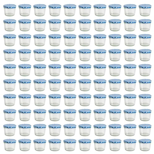 Vitrea 100x Marmeladengläser 230 ml - mit Deckel Blau Kariert TO 82 - Einmachgläser zum befüllen mit Schraubdeckel - Sturzgläser Marmelade Schraubgläser - leere Gläser - 100 Stück