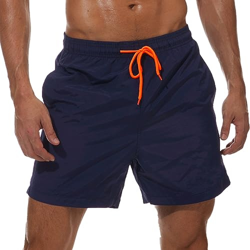 SILKWORLD Men's Swimming Surf Beach Shorts Mesh Liner(US L, Navy Blue)