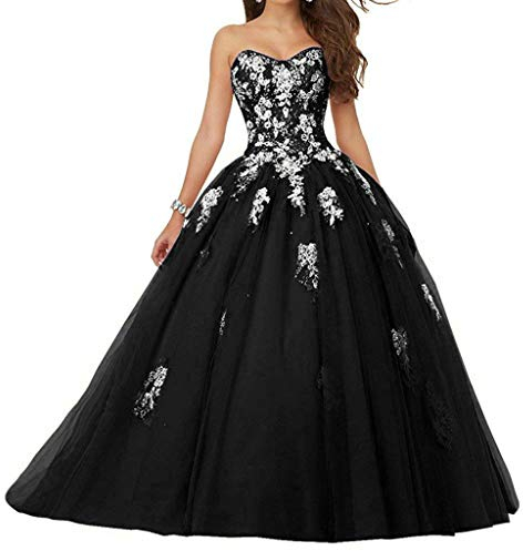 Vantexi Damen Spitze Tüll A-Linie Ballkleid Lang Abendkleider Brautkleider Quinceanera Kleider Schwarz Größe 38