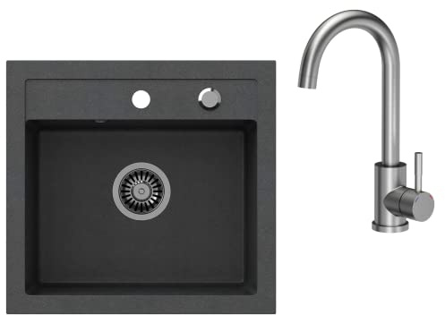 VBChome Granit Spülbecken Schwarz 50 x 47 cm – Einbauspüle Einzelbecken für Küche, Küchenspüle gesprenkelt mit Armatur & Siphon, Verbundspüle mit Einhebelmischer