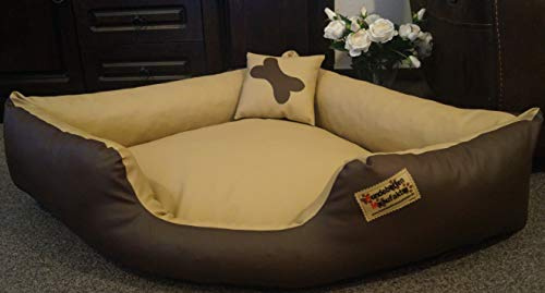 Hundebettenmanufaktur Hundebett Eckbett Hundesofa Schlafplatz Kunstleder Canto (80 cm X 80 cm, Braun Beige)