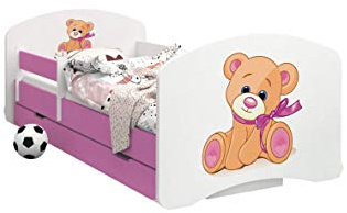 Happy Babies - Doppelseitiges PINK KINDERBETT MIT SCHUBLADE Modernes Design mit sicheren Kanten und Absturzsicherung Schaumstoffmatratze 7 cm (01. Teddybär mit Bogen, 180x90)