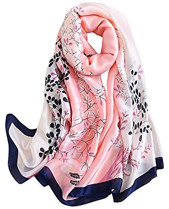 LumiSyne Femme Foulard En Soie Fleurs Feuilles Plante Imprimé Mode Élégant Style Long Echarpes Doux Chaude Etole Châle De Plage Protection Solaire Echarpes Echarpe Femme Toute La Saison