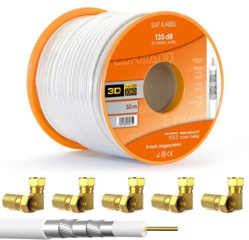 RedStar24 50m Koaxial SAT Kabel 135dB Digital Antennenkabel 5-Fach geschirmt für Ultra HD 4K DVB-S / S2 DVB-C/C2 und DVB-T BK Anlagen | Koaxialkabel Weiß inkl. 10 vergoldete F-Stecker (Weiß, 50m)