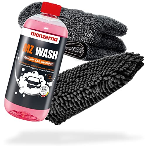 detailmate Auto Wasch- und Trockenset: menzerna MZ Wash Shampoo 1L + Chenille Waschhandschuh + Trockentuch 1000 GSM - Für die ideale Autowäsche