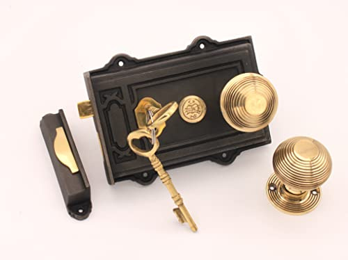 Infinity Decor Period Brass Door Knobs Set with Antique Cast Iron/Brass Davenport Door Rim Lock (Beehive 50mm)