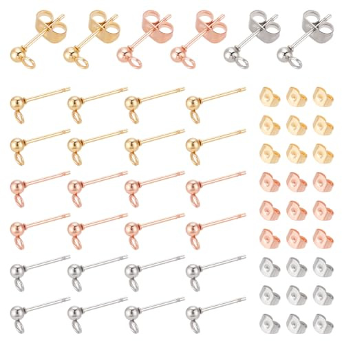 UNICRAFTALE 60pcs 3 Couleurs 3mm Boule Boucles d'oreilles en Acier Inoxydable Boucle d'oreille Poste Oreille Goujon avec Boucle d'oreille Dos pour la Fabrication de Bijoux Bricolage, Broches 0.8mm