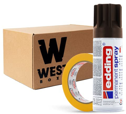 W West Boxx Premium Acryllack Spray 200 ml in Schokoladenbraun Matt im Set mit Kreppband Gold 25mm x 50m Typ 521, für exakte Farbkanten