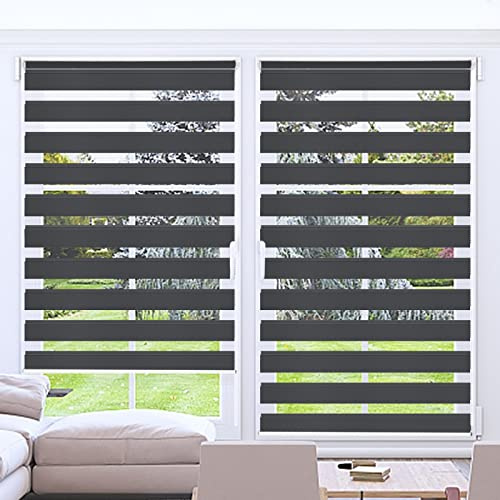 Kokorona Day and Night Blinds Zebra Roller Blinds for Windows, Dual Layer Fabric Zebra Blinds for Doors, Light Filtering Privacy Day Night Blinds, 110cm Wide x 230cm Drop, Dark Grey