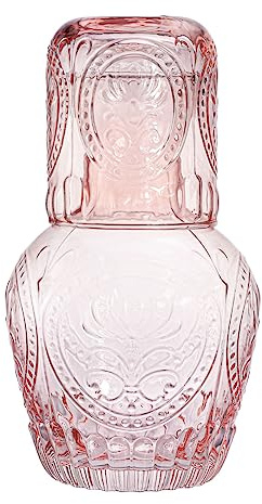 RockTrend Retro Relief Glass Bedside Night Water Carafe with Tumbler Glass, Pitcher And Cup Night Set-Pink