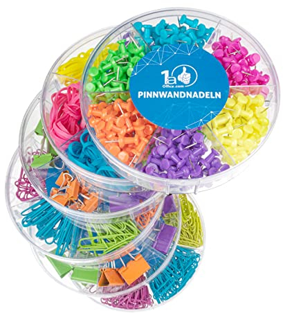 Büroset - Büroklammern, Foldback-Klammern, Gummibänder und Pinnadeln im All-in-One-Set in praktischer Box - stapelbar durch Klebepatch - bunt