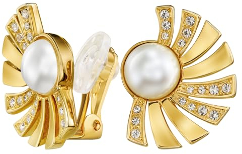 Traveller Ohrclip - Gold - Perle - Weiss - Kristalle - Fächer - 22kt vergoldet - 114267