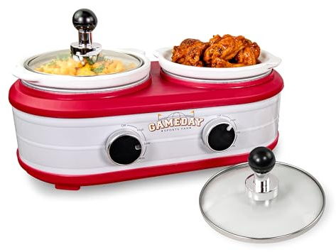 Nostalgia Game Day Mijoteuse à 2 sections de 2,5 litres avec couvercle et louche, design en fût, cuit les ailes de poulet, les boulettes de viande, le piment, le fromage, la soupe, les ragoûts, et