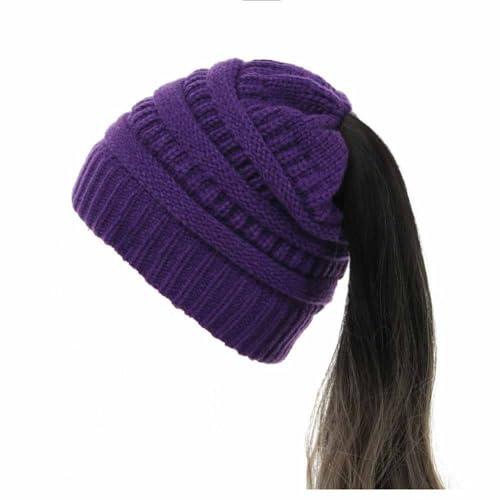 SHTGOI Pferdeschwanz Mütze Wolle Strickmütze Weiche Stretch Wintermütze mit Loop Zöpfen Loch Slouch Beanie Mütze Grobstrick Häkelmütze Warme Hut für Damen und Mädchen mit Langen Haaren Lila