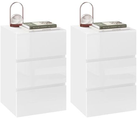 EUGAD Nachttisch 2er Set Weiß Hochglanz 3 Schubladen B40 | 3 Schubladen; 40x35x62 cm; für Schlafzimmer u. Wohnzimmer