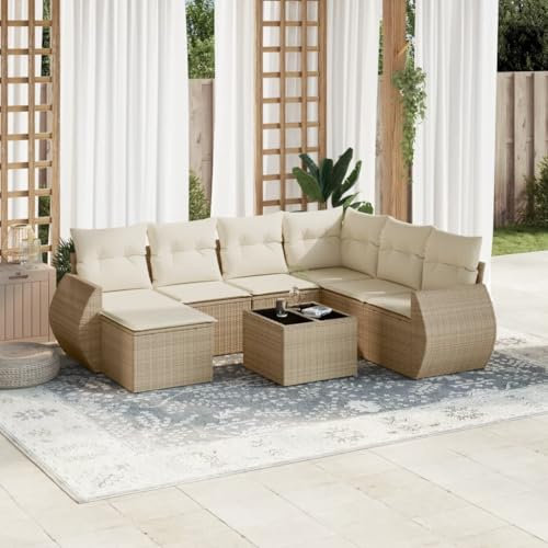 Rantry 8-TLG. Gartenmöbel Set mit Kissen Gartensofa Balkonsofa Gartenlounge Loungesofa Sitzgruppe mit Gartentisch Ecksofa Ecklounge Balkonmöbel Loungemöbel Beige Poly Rattan