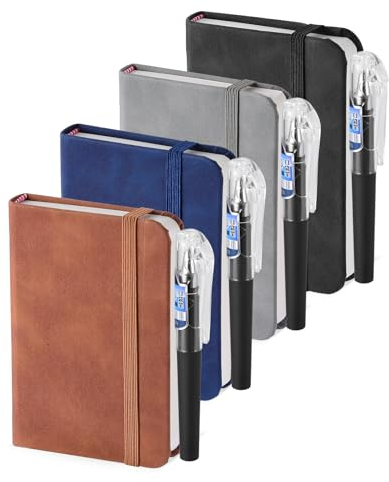 ZWQLZG 4 Stück Notizbuch A7, Notizbuch Klein mit 4 Stiften, Notizblock A7 Blanko mit Gummizug 11,1 × 7,5 cm, 100 Blatt Dickes Papier, Taschen Notizbücher aus PU Leder für Schule, Arbeit und Meetings