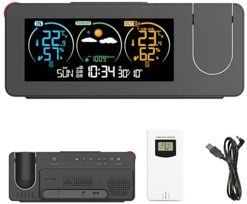 Weather Station with Outdoor Sensor, Projection Alarm Clock, Dual Alarms, LCD Display - Bedroom Projector Dimmable Clock with Date, Time, Temperature, Humidity and Weather Forecast