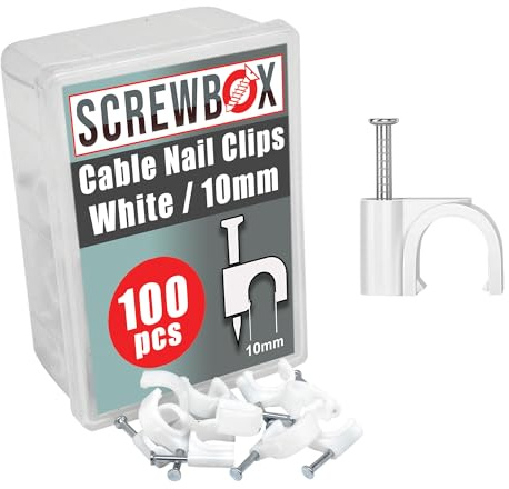 SCREWBOX® Cable Nail Clips, 10 mm 100 Pcs Nail-In Clips, Strong Durable White Round Cable Tacks, Wall Wire Tidy Holder Pins, for wood | concrete | plasterboard