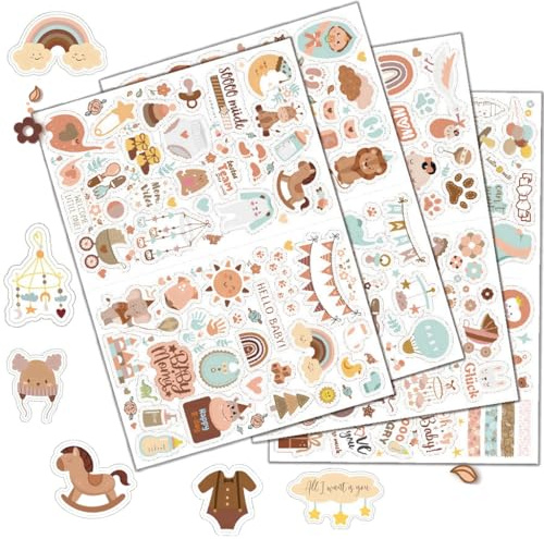 215 Stück Babyalbum Sticker, Baby Sticker Fotoalbum Aufkleber DIY Fotoalbum Sticker Gästebuch Babyparty Mädchen Junge, Braun Sticker Baby Scrapbook Aufkleber Fotoalben Bullet Journal Aufkleber