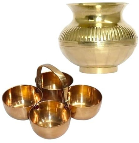 BRACOP® Brass Tumbler Water Pitcher Pot Lota Karva Kalash Drinking Cup Serving Utensil Drinkware Water Pot Hand Carved Small Pot Puja Thali Religious Item Serving Bowl Temple Decoration