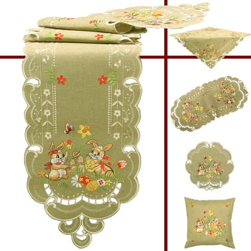 Quinnyshop Osterhasen Ostereier Narzisse Stickerei Tischläufer Tischdecke Kissenhülle Größe wählbar Polyester, Grün (Rund 30 cm)