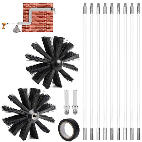 WPPQWP Set di spazzole per camino, asta (3,6 m, diametro 150 mm), spazzola per canna fumaria, con aste flessibili (9 x 410 mm), inserto con punte elettriche, per camini, tubi