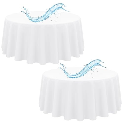 2 Stück Tischdecke Weiß, 305 cm Tischdecken, Wasserabweisend Polyester Weiße Tischdecke für Runde Tische, Wasserabweisend Tischdecke Rund für Party, Hochzeit, Essen