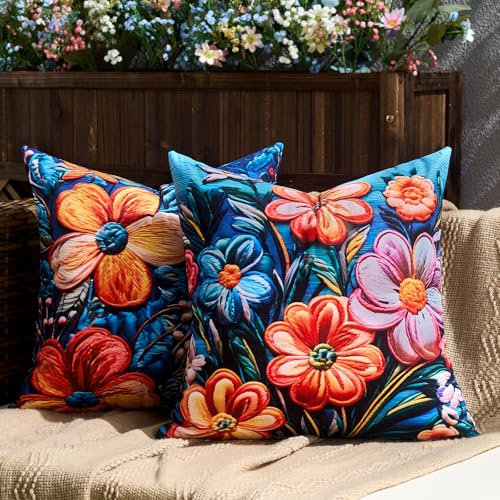 DecorMommt Fundas de Cojines con Flores Primaverales 45 x 45 cm Plantas Abstractas Azules de Verano, Fundas de Cojines Cuadradas para decoración de Granja para el Hogar, Sofá, Jardín Juego de 2