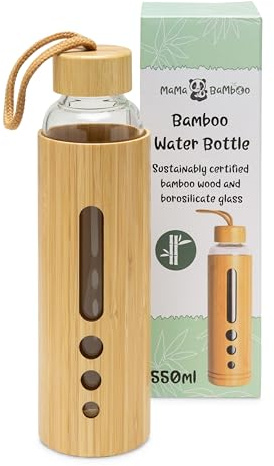 Mama Bamboo Glass Water Bottle, 550ml, Borosilicate Glass with Bamboo Sleeve, Leak-Proof Design