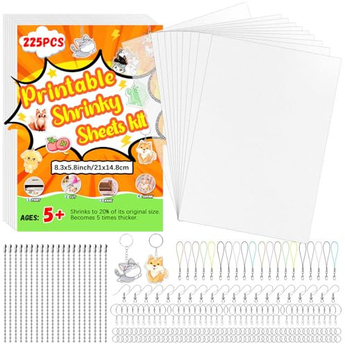 WOOWAIR Schrumpffolie 225 Stücks Schrumpffolie Set, A5 Schrumpffolien zum Basteln, Inklusiv Bedruckbare Schrumpffolie, Schlüsselanhänger, Schließe, Ohrhaken, Ketten, 21 x 14.8cm
