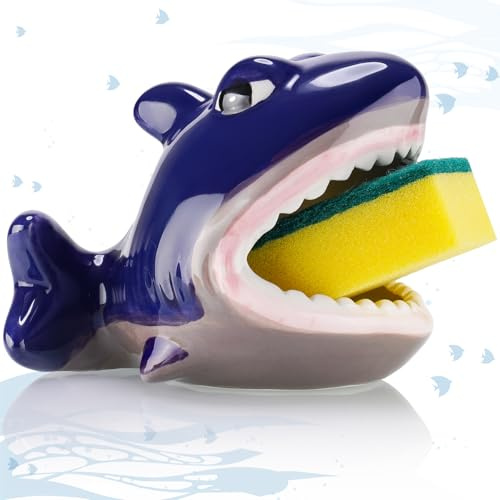 NiHome Schwammhalter Spülbecken Keramik in Hai-Form – Spülbecken Organizer für Schwamm und Seife, Ceramic Sponge Holder, leicht zu reinigen und hygienisch