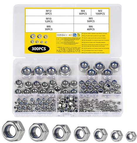300 Pièces Ecrou M3 M4 M5 M6 M8 M10 M12 Inox, Écrou Nylstop en Acier Inox DIN 985, Écrous Autobloquants, Écrous Hexagonaux en Acier Inoxydable, Ecrous de Blocage pour Vis Boulons Tiges Filetées