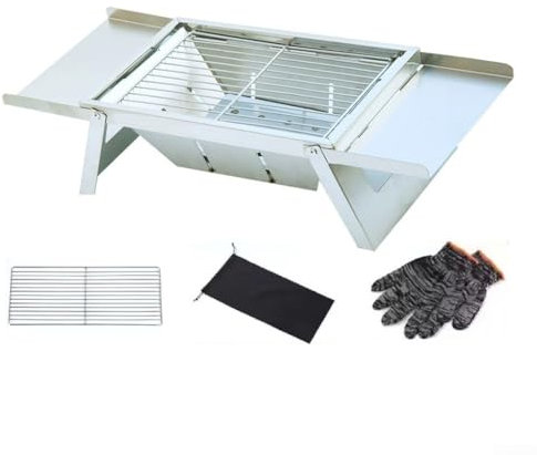 Edelstahl-Klappgrill, Holzkohlegrill für den Außenbereich, 42 x 22 cm, kleiner klappbarer Schaschlikofen für den Hausgebrauch (mittlere Standards)