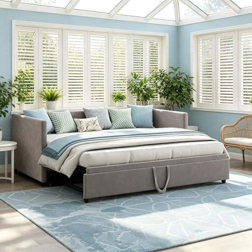 BRILVERDE Sofá cama 90/180 x 200 cm, cama acolchada extensible con somier, cama de invitados, cama juvenil, cama multifunción, tela de terciopelo, gris